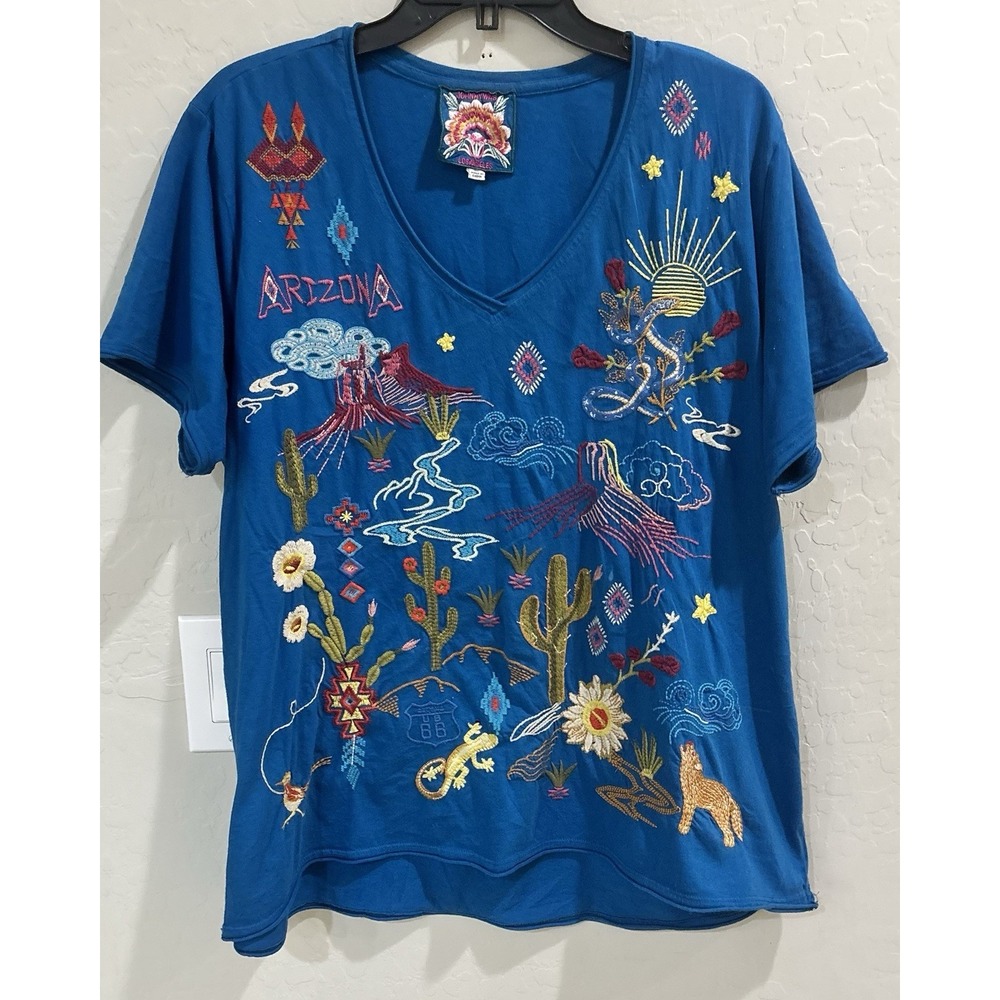 Johnny Was Arizona Everyday Tee Blue Embroidered Desert Graphic Shirt XL